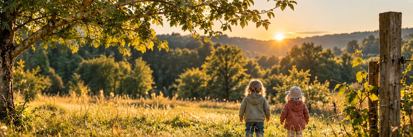 Zwei kleine Kinder gehen bei warmem Abendlicht über eine Wiese.