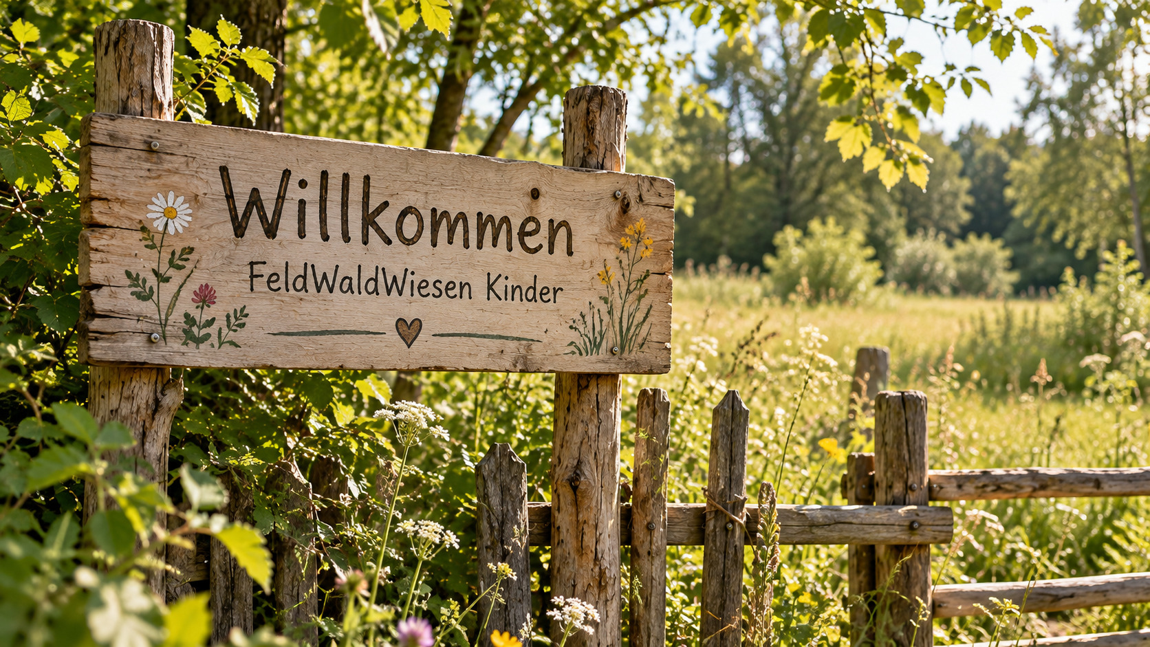 Holzschild im Grünen mit der Aufschrift Willkommen – FeldWaldWiesen Kinder.